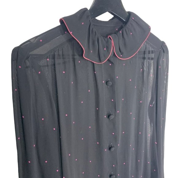 Vintage 90s Black Pink Sheer Micro Dot Long Sleeve Button Up Secretary Top Mediu - Picture 2 of 8